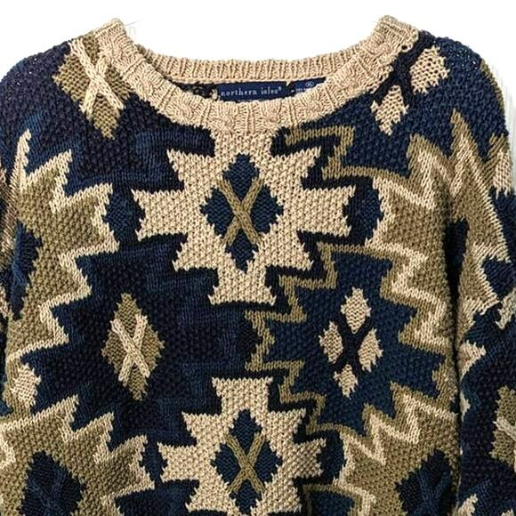 Vintage 90's Northern Isle Hand Knit Chunky Sweater Southwestern Aztec XL - Picture 3 of 8